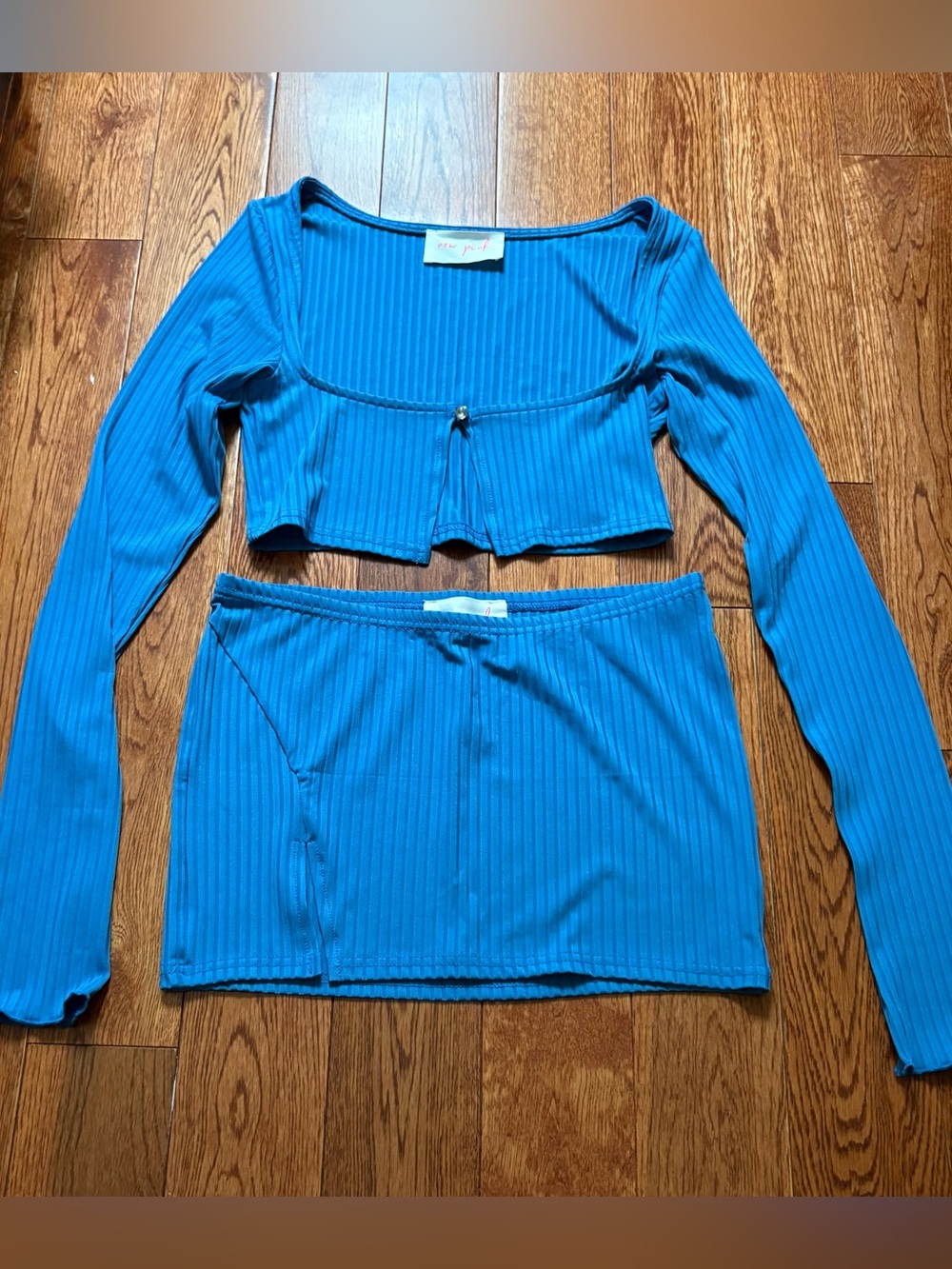 Dolls Kill Blue Ribbed Long Sleeve Crop Top & Mini Skirt Set